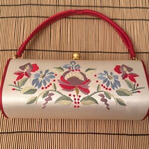 Lord & Taylor Ivory Satin Floral Embroidered Clutch with Red Trim